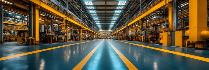 Leinwandbilder - Expansive industrial factory interior with rows of heavy machinery,conveyor belts,pipes,and storage shelves.
