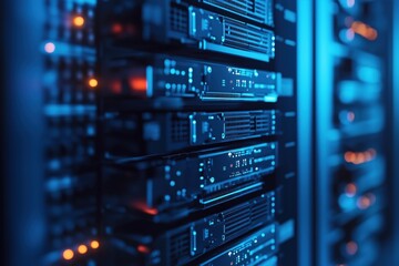 Poster - Data servers in blue lighting, showcasing technology and connectivity