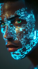 Poster - A close-up shot of a person's face with a blue and green digital pattern projected onto it, highlighting the merging of technology and humanity