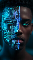 Aufkleber - A close-up portrait of a man with blue circuit board patterns overlaying his face. The neon blue lines and intricate circuitry create a futuristic, almost otherworldly effect