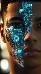 Poster - A close-up of a man's face, half of which is covered in glowing blue circuit board patterns. His eye is digitally enhanced with a circle of light