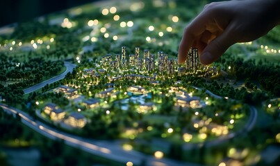 Poster - A hand adjusts illuminated miniature buildings on a detailed model of a landscaped urban environment, showcasing planning and design.