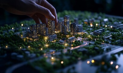 Poster - A hand adjusts a miniature city model illuminated by lights, showcasing urban planning and design in a realistic setting.