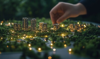 Poster - A hand interacts with a miniature city model adorned with illuminated buildings and greenery, blending urban planning and creativity.