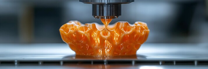 Leinwandbilder - Innovative 3D printing technology creating a vibrant orange prototype object in a high-tech industrial manufacturing environment.