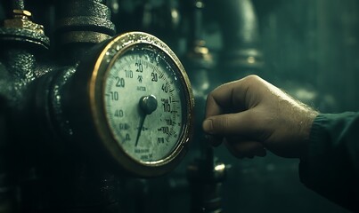 Poster - A hand adjusting a pressure gauge in a dimly lit industrial setting, highlighting the interplay of machinery and human operation.