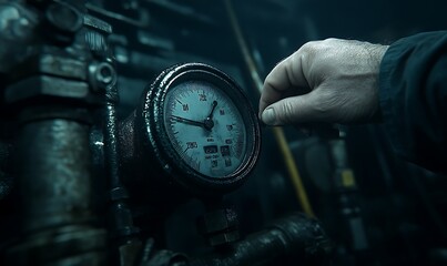 Poster - A hand adjusts a pressure gauge in a dim, industrial setting, conveying a sense of mystery and precision.
