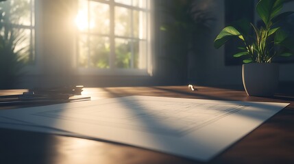 Poster - A sunlit workspace features scattered coins, a document on a table, and a green plant, creating a serene atmosphere perfect for productivity.
