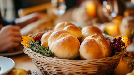 Wall Mural - Warm, freshly baked rolls served in a rustic basket at a cozy dining table during a festive autumn gathering