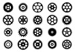 © MicroOne - Gear simple black and white icons set. Bicycle sprocket mechanical cogwheels chainrings technology items. Black and white simple flat style. Isolated vector clipart collection on white background