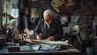 © eyesha - Concept of older professionals returning to work, showing a mature fashion designer working in his workshop