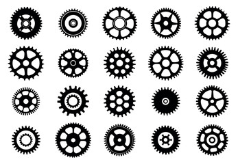 Gear simple black and white icons set. Bicycle sprocket mechanical cogwheels chainrings technology items. Black and white simple flat style. Isolated vector clipart collection on white background