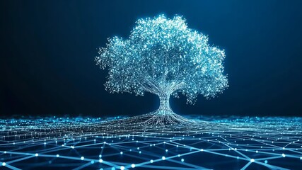 Abstract glowing tree representing data, technology, and growth.