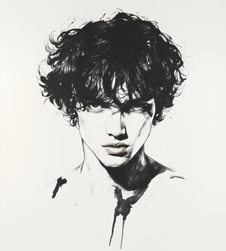 Black ink drawing on white paper of a portrait, a young man with short curly hair and messy bangs.