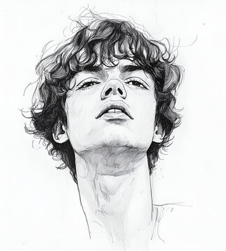 Black ink drawing on white paper of a portrait, a young man with short curly hair and messy bangs.