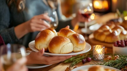 Wall Mural - Warm, freshly baked dinner rolls served on a platter during a cozy gathering by the fireplace in a warmly lit room