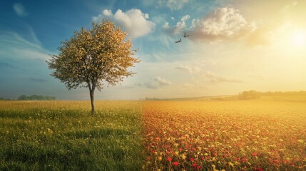 A blooming meadow fades to brown, symbolizing how seasons blur due to climate shifts. --ar 16:9 --v 6.1 Job ID: 8022a543-4907-45a3-9264-000dd8ff5e28