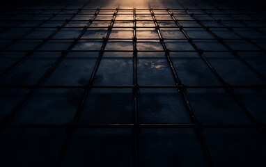 Poster - A dark, grid-like surface reflecting light creates a dramatic, moody atmosphere, with a sense of depth and intrigue in the composition.
