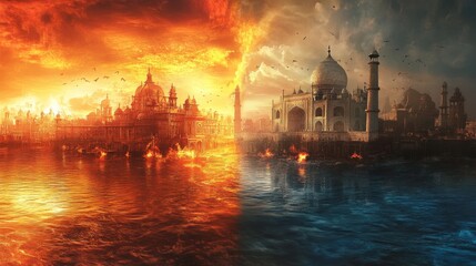 A city submerged in water on one side, scorched by fire on the other, illustrates Earth's struggle. --ar 16:9 --v 6.1 Job ID: 030f41f7-9573-483a-8896-615ecf9805b4