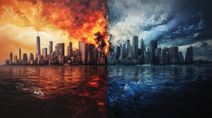 A city submerged in water on one side, scorched by fire on the other, illustrates Earth's struggle. --ar 16:9 --v 6.1 Job ID: 030f41f7-9573-483a-8896-615ecf9805b4
