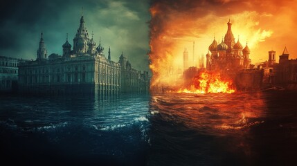 A city submerged in water on one side, scorched by fire on the other, illustrates Earth's struggle. --ar 16:9 --v 6.1 Job ID: 030f41f7-9573-483a-8896-615ecf9805b4