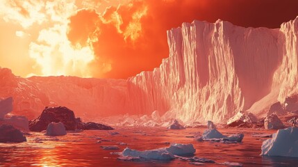 A melting glacier under a fiery red sky highlights the relentless heat impacting polar regions. --ar 16:9 --v 6.1 Job ID: 490e88cc-afa8-46ab-befd-c36ec1842bde