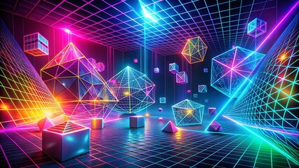 Poster - Vibrant Geometric Wireframe Shapes and Grids in Neon Colors Creating a Psychedelic Cyberpunk Atmosphere with Copy Space for Futuristic Designs