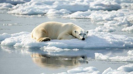 A polar bear stranded on a melting ice floe. --ar 16:9 --v 6.1 Job ID: 622aae6a-b48f-46a6-a3e1-d018ebd2a9cc