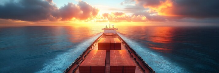 Poster - Panoramic view of a large cargo ship sailing into the horizon during a stunning sunset over the open ocean. The ship's silhouette is reflected in the calm,mirror-like waters.