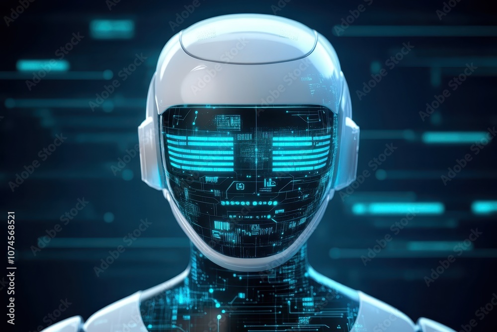 Futuristic robot head with digital interface.