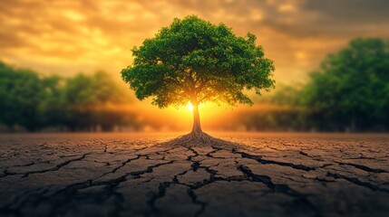 A single tree stands in a cracked, dry field, symbolizing nature's resilience amidst climate change. --ar 16:9 --v 6.1 Job ID: e2cfa3a3-24cb-4aec-9c06-72c3d469f7fe