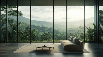 Poster - The living room is spacious with large windows offering a view.