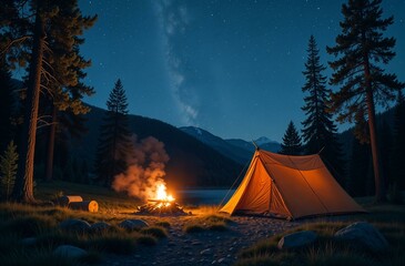 yellow tourist tent on the background of mountains,night starry sky, bonfire, campfire, romance of h