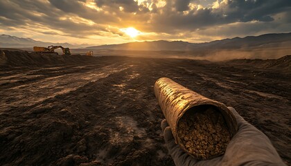 Poster - A hand holds a cylindrical object while a sunset illuminates a construction site, showcasing earthwork and machinery in a landscape transformation.