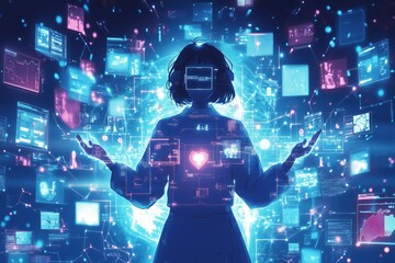 Poster - Digital interface interaction, woman surrounded by holographic data and visuals