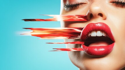 Aufkleber - A visually striking artwork featuring vividly painted lips with fiery textures streaking across, set against a contrasting blue background for a bold artistic statement.