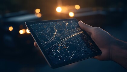 Aufkleber - A person holds a tablet displaying a star-filled sky, illuminated by distant lights, signifying a blend of technology and nature.