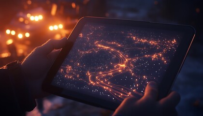 Fototapete - A glowing tablet displays a starry network in a dark setting, conveying a sense of exploration and technology.