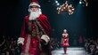 © Angelo - Funny Santa Claus walks proudly down the runway in elegant red attire during a festive fashion show.