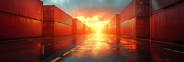 Poster - Towering red cargo containers stacked in a busy seaport against the backdrop of a dramatic sky at sunrise or sunset.