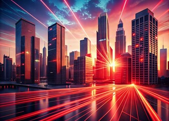 Aufkleber - Vintage Style Photography of a Futuristic Cityscape with Digital Red Lines and Modern Architecture Showcasing Technology in an Abstract Urban Environment