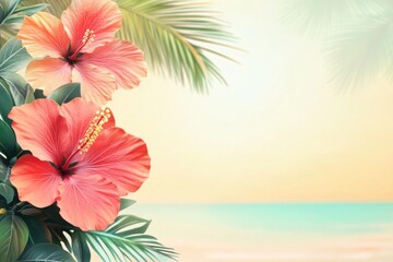 Wall Mural - Colorful hibiscus flowers in a tropical setting, ideal for travel or nature-themed designs