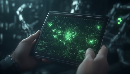 Poster - A person holds a tablet displaying a glowing green network of connections, suggesting advanced technology and data visualization.