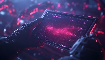 Fototapete - A futuristic scene featuring a handheld device displaying vibrant, cosmic data amidst an abstract backdrop of swirling, red-hued patterns.