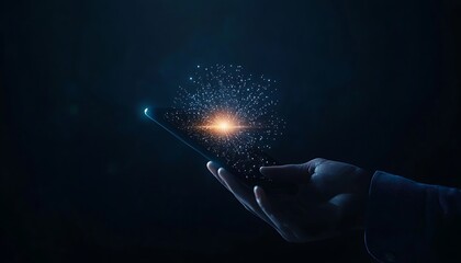 Leinwandbilder - A hand holds a smartphone emitting glowing particles against a dark background, creating a mystical and futuristic atmosphere.