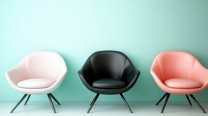 Aufkleber - Three stylish and colorful chairs, pink, black, and white, are placed against a calming mint green background, showcasing modern furniture design and color contrast.