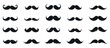 © MicroOne - Mustache black icons set. Thin and thick. Straight and curled. Handlebar mustaches. Barber shop logo emblem. Party festival design element. Black and white simple flat style. Isolated vector on white