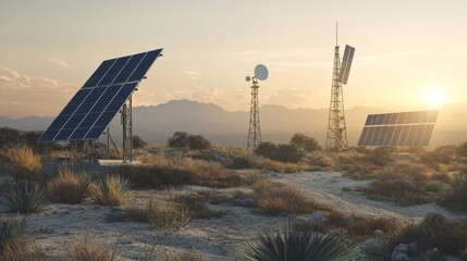 Wall Mural - Solar panels and communication towers stand in a desert landscape at sunset, symbolizing renewable energy and technology integration in remote areas.