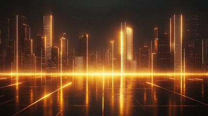 Poster - A futuristic cityscape with tall buildings illuminated by bright orange lights at night