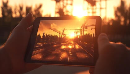 Aufkleber - A person holds a tablet displaying a sunset scene, with silhouettes of cranes and trees, capturing the beauty of technology and nature together.